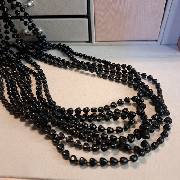 Vintage Black Acrylic Heart Beaded 6 Strand Necklace 30"L with Gold Tone - Picture 2 of 4